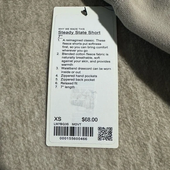 Lululemon NWT Men’s XS Steady State beige tan cream Cotton Fleece Shorts MOVT - Picture 3 of 4